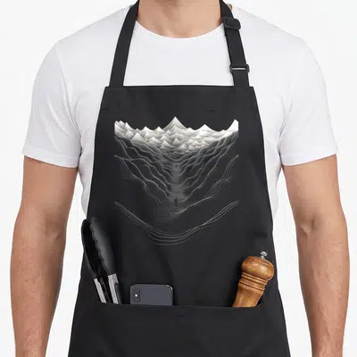 Tablier de cuisine noir avec une illustration de montagnes polygone en art graphique monochrome.