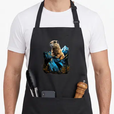 Tablier de cuisine noir avec une marmotte alpine assise sur des rochers bleus et un pic enneigé.