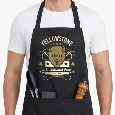 Tablier de cuisine noir avec illustration vintage d'un bison Yellowstone U.S. National Park Estd 1872