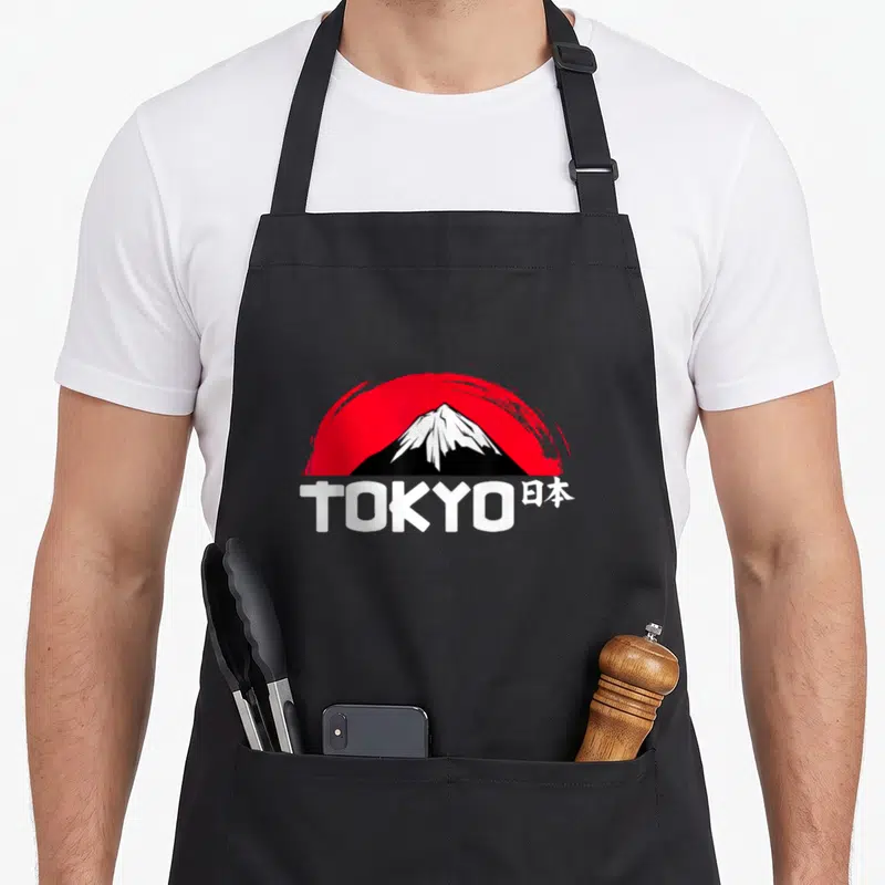 Tablier de cuisine noir avec illustration du mont Fuji, soleil rouge et texte TOKYO en blanc.