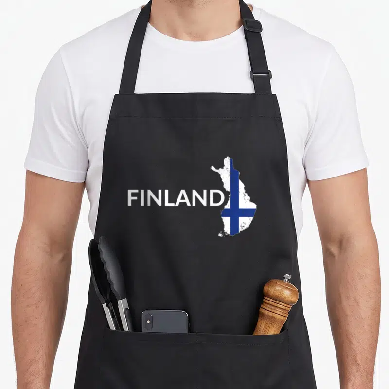 Tablier de cuisine noir avec la carte de la Finlande et le drapeau bleu et blanc imprimé.
