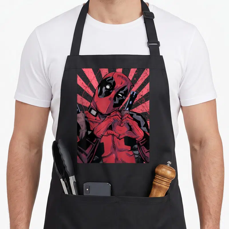 Tablier de cuisine noir avec Deadpool formant un cœur avec ses gants, arrière-plan comics rose et gris