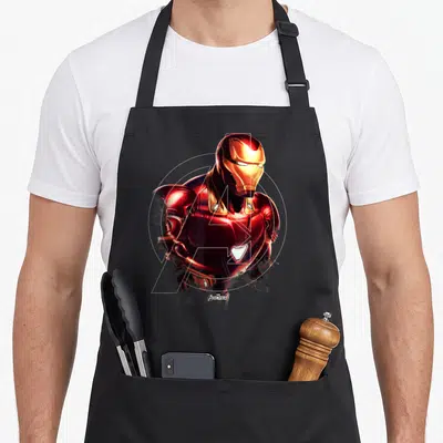 Tablier de cuisine noir avec portrait d'Iron Man et logo Avengers Endgame en lignes blanches