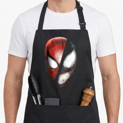 Tablier de cuisine noir avec un visage divisé en deux parties représentant Spider-Man et Venom dans un style géométrique aux couleurs vives.