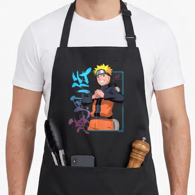 Tablier de cuisine noir avec Naruto en tenue orange, kanjis bleus et cadre géométrique cyan sur fond uni.