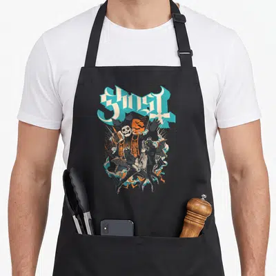 Tablier de cuisine noir avec illustration Ghost Impera Maestro en turquoise et orange.