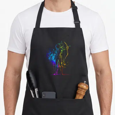 Tablier de cuisine noir avec une illustration d'archer aux couleurs vives et style éclaboussure.