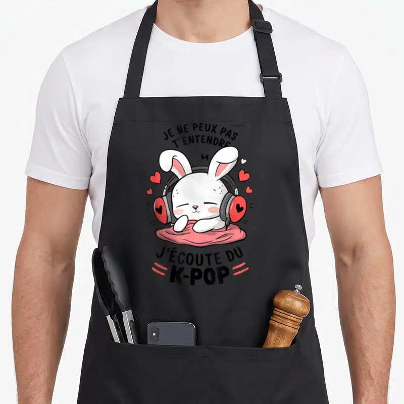 Tablier de cuisine noir avec un lapin blanc aux écouteurs roses et les mots je ne peux pas t'entendre j'écoute du K-POP.