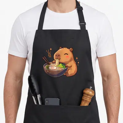 Tablier de cuisine noir avec illustration d'un capybara mangeant des nouilles dans un bol avec des baguettes et un œuf.