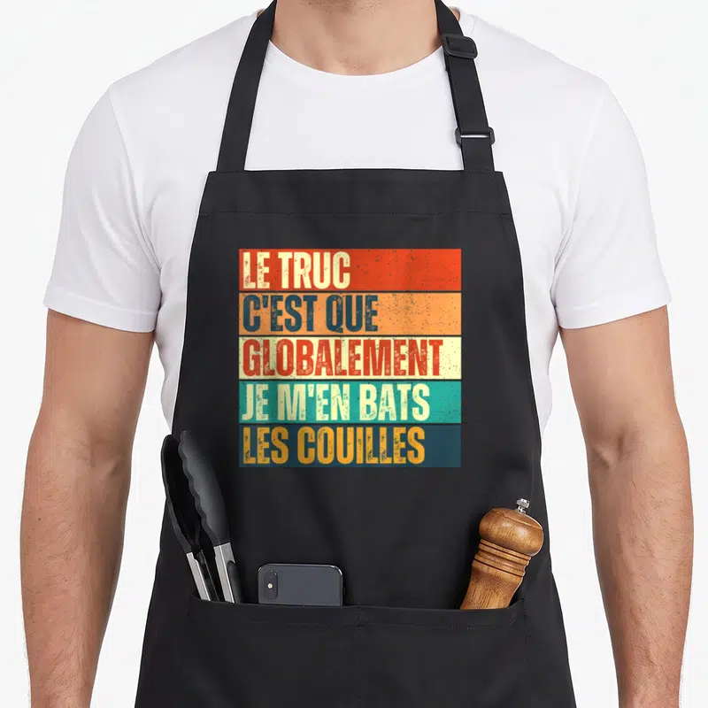 Tablier de cuisine noir avec inscription multicolore Le truc c'est que globalement je m'en bats les couilles en style rétro.