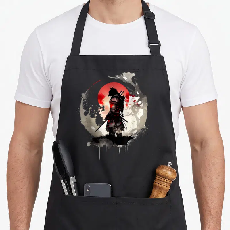 Tablier de cuisine noir avec illustration d'un samouraï de dos devant un cercle rouge et des éclaboussures noires.