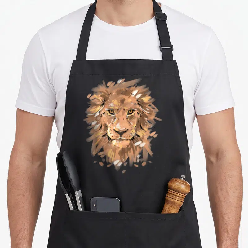 Tablier de cuisine noir avec une illustration colorée représentant la tête d'un lion aux traits expressifs et une mane dynamique.