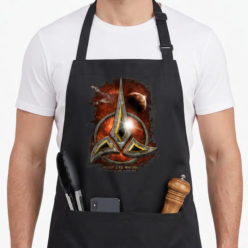 Tablier de cuisine noir avec le Klingon Crest doré et argenté sur fond rouge nebuleux incluant un vaisseau spatial.