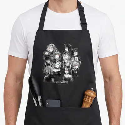 Tablier de cuisine noir avec une illustration groupant des personnages anime gothiques aux yeux multicolores et le logo Holoween en bas.