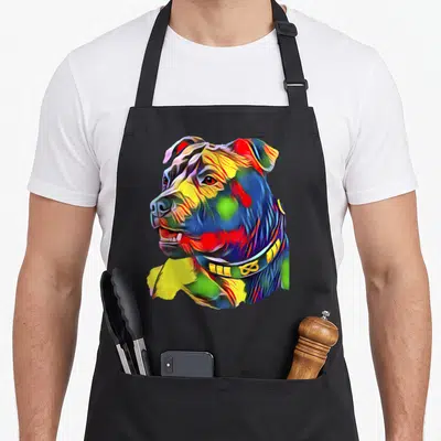 Tablier de cuisine noir avec portrait d'American Staffordshire en aquarelle multicolore aux traits expressifs et collier doré.