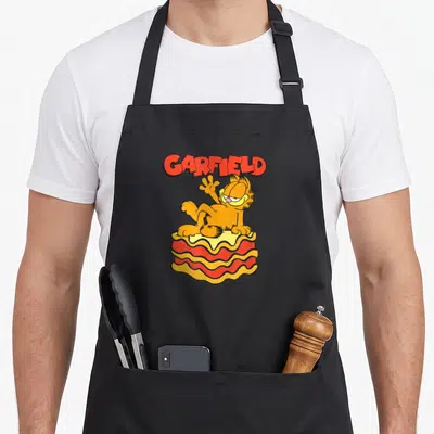 Tablier de cuisine noir avec illustration de Garfield assis sur une lasagne et le logo rouge