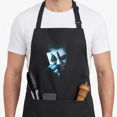 Tablier de cuisine noir avec le Joker tenant une carte à Joker illustrant Batman en bleu et rouge.