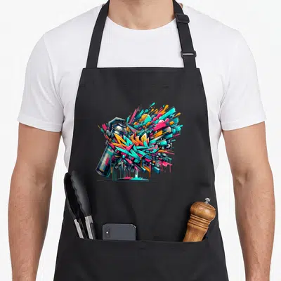 Tablier de cuisine noir avec une illustration colorée représentant une bombe de spray projetant du graffiti abstrait aux teintes vives.
