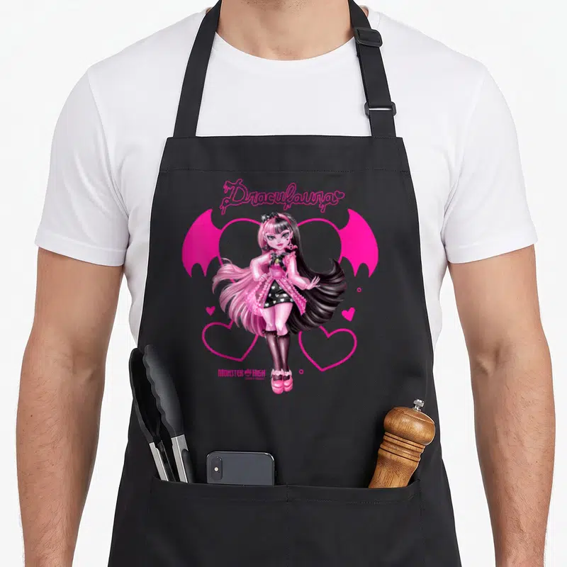 Tablier de cuisine noir avec Draculaura Heart Wings Monster High, ailes roses et cœurs gothiques.