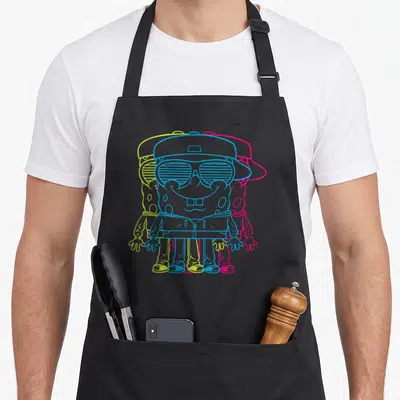 Tablier de cuisine noir avec illustration de Bob l'éponge aux contours cyan, jaune et rose vif portant une casquette et des lunettes.