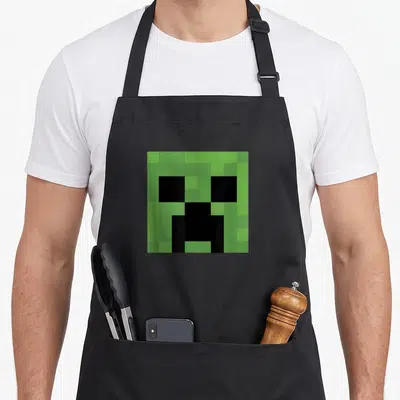 Tablier de cuisine noir avec le visage du Creeper Minecraft en gros plan style pixel art vert et noir.