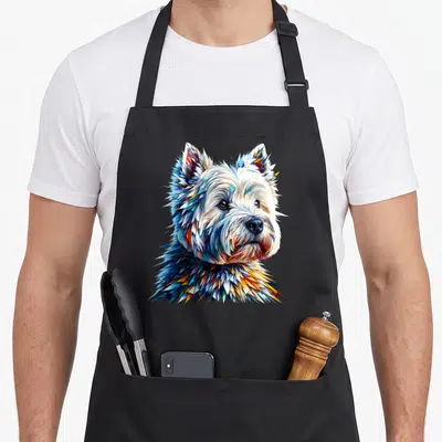 Tablier de cuisine noir avec un portrait de chien blanc composé de multiples facettes géométriques bleues, oranges et jaunes dans un style d'art polygonal.