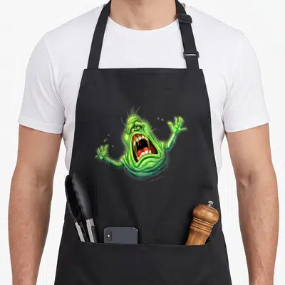 Tablier de cuisine noir avec un portrait coloré de Slimer vert la bouche grande ouverte en train de crier