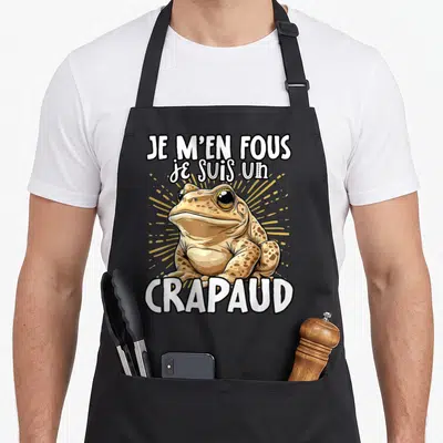 Tablier de cuisine noir avec illustration d'un crapaud beige et texte blanc Je m'en fous je suis un crapaud.