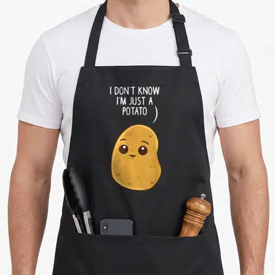 Tablier de cuisine noir avec illustration d'une patate jaune aux yeux ronds et texte blanc en anglais au-dessus.