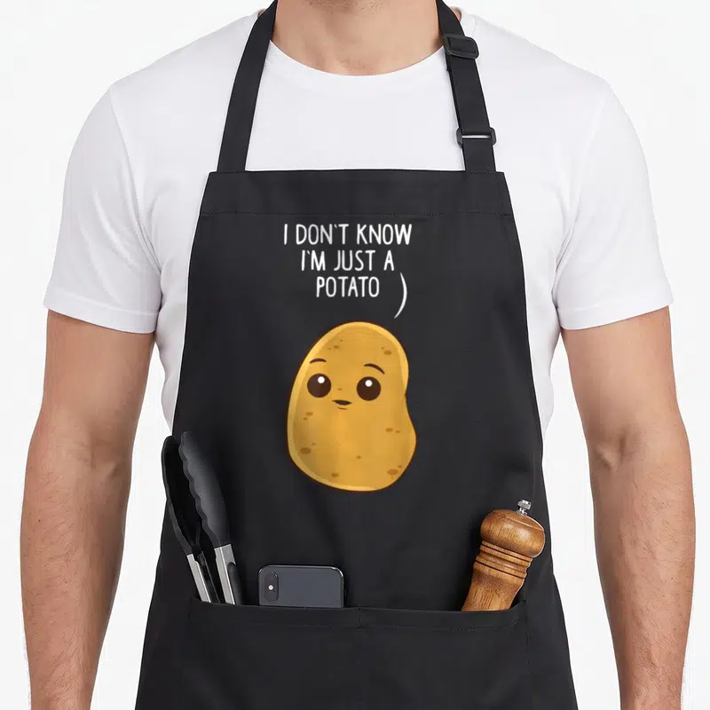 Tablier de cuisine noir avec illustration d'une patate jaune aux yeux ronds et texte blanc en anglais au-dessus.