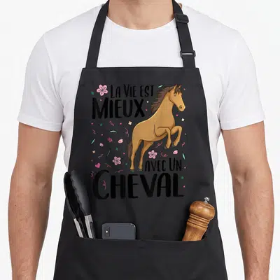 Tablier de cuisine noir avec illustration d'un cheval brown, fleurs roses et texte La vie est mieux avec un cheval.