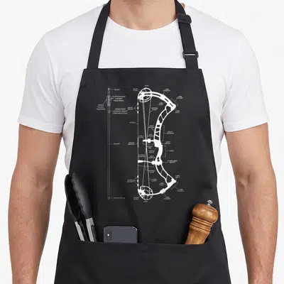 Tablier de cuisine noir avec dessin technique blanc d'un arc de tir à l'arc et d'une flèche annotés en anglais.