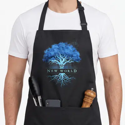 Tablier de cuisine noir avec un arbre stylisé aux teintes bleues et l'inscription NEW WORLD au centre.
