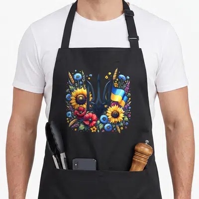 Tablier de cuisine noir avec trident ukrainien entouré de tournesols, pavots et drapeau aux couleurs nationales.