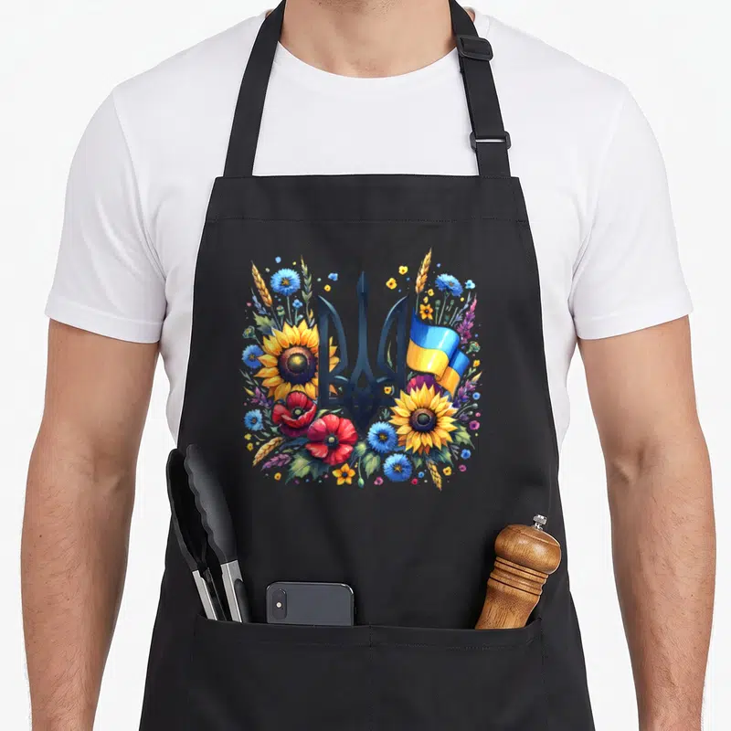 Tablier de cuisine noir avec trident ukrainien entouré de tournesols, pavots et drapeau aux couleurs nationales.
