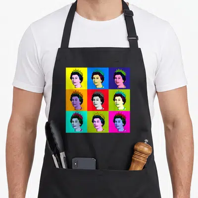Tablier de cuisine noir avec neuf portraits colorés de la reine en style pop art carré