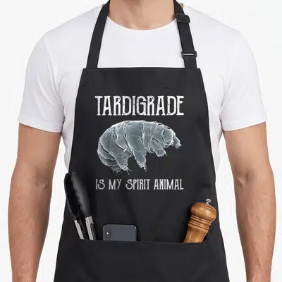 Tablier de cuisine noir avec illustration détaillée d'un tardigrade et texte blanc en typographie usée.