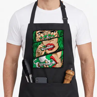 Tablier de cuisine noir avec illustration pop art d'une femme aux cheveux verts fumant un joint.