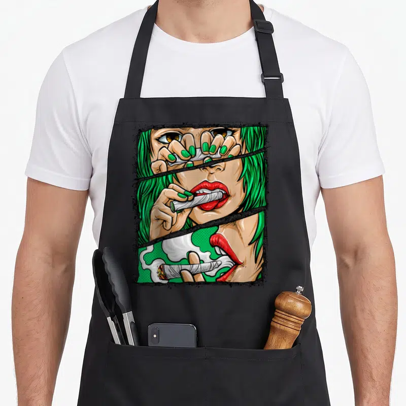 Tablier de cuisine noir avec illustration pop art d'une femme aux cheveux verts fumant un joint.