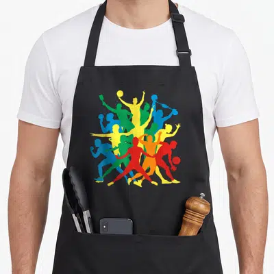 Tablier de cuisine noir avec silhouettes sportives multicolores et texte Jeux en homme Enfant imprimé au centre.