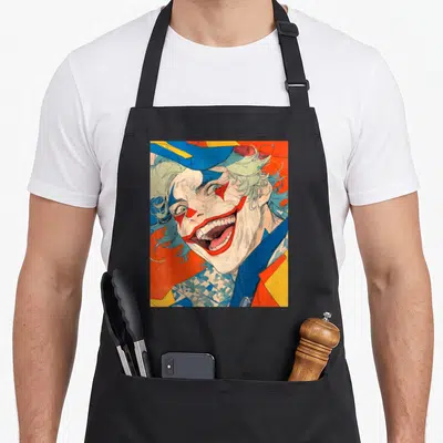 Tablier de cuisine noir avec illustration d'un clown au sourire exagéré et maquillage coloré sur fond orange et bleu.