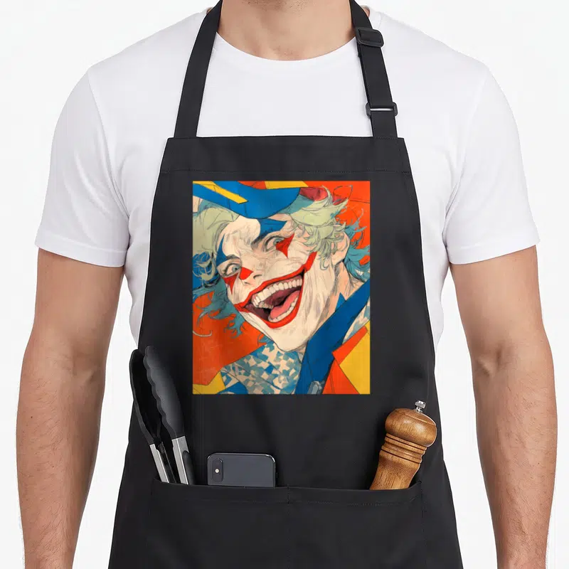 Tablier de cuisine noir avec illustration d'un clown au sourire exagéré et maquillage coloré sur fond orange et bleu.