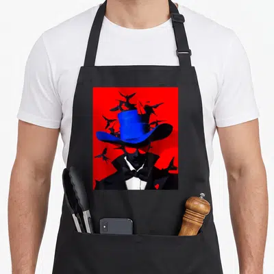 Tablier de cuisine noir avec illustration d'un personnage au chapeau bleu entouré d'oiseaux noirs sur fond rouge vif.