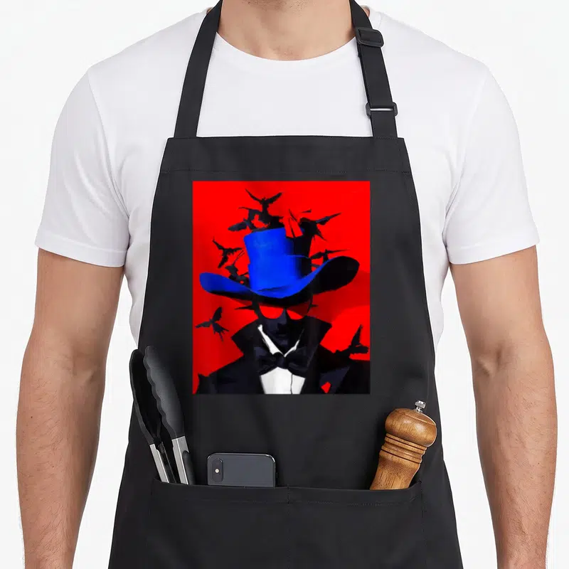 Tablier de cuisine noir avec illustration d'un personnage au chapeau bleu entouré d'oiseaux noirs sur fond rouge vif.