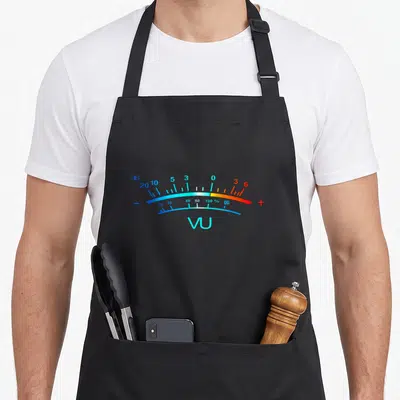 Tablier de cuisine noir avec un VU-mètre graphique aux couleurs bleu cyan et rouge indiquant les niveaux sonores en décibels.