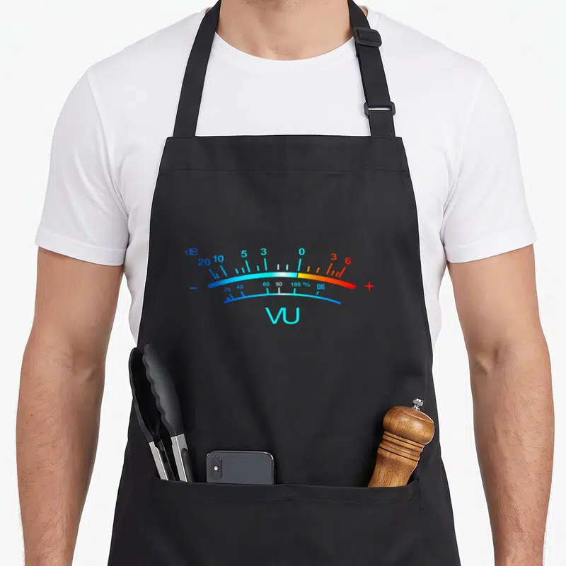 Tablier de cuisine noir avec un VU-mètre graphique aux couleurs bleu cyan et rouge indiquant les niveaux sonores en décibels.