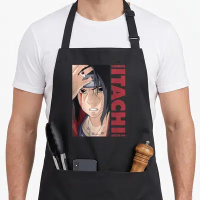 Tablier de cuisine noir avec illustration d'Uchiha Itachi et texte rouge vertical Bloquer et Nommer.