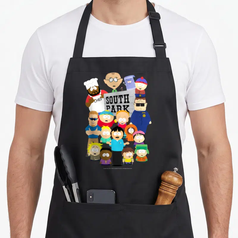 Tablier de cuisine noir avec le logo South Park, le Chef en tablier blanc et le groupe des personnages animés colorés.