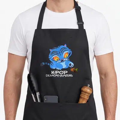 Tablier de cuisine noir avec illustration d'un chat bleu Kpop Demon Hunters et une plante renversée.