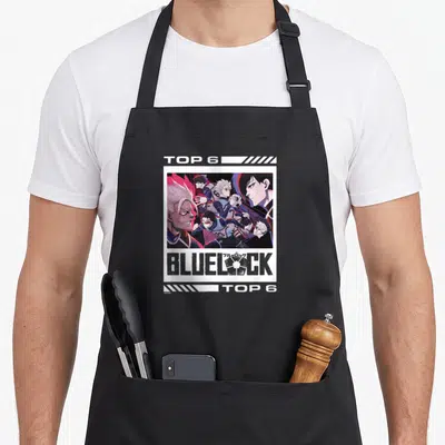 Tablier de cuisine noir avec illustration des et texte TOP 6 BLUELOCK en blanc et gris.